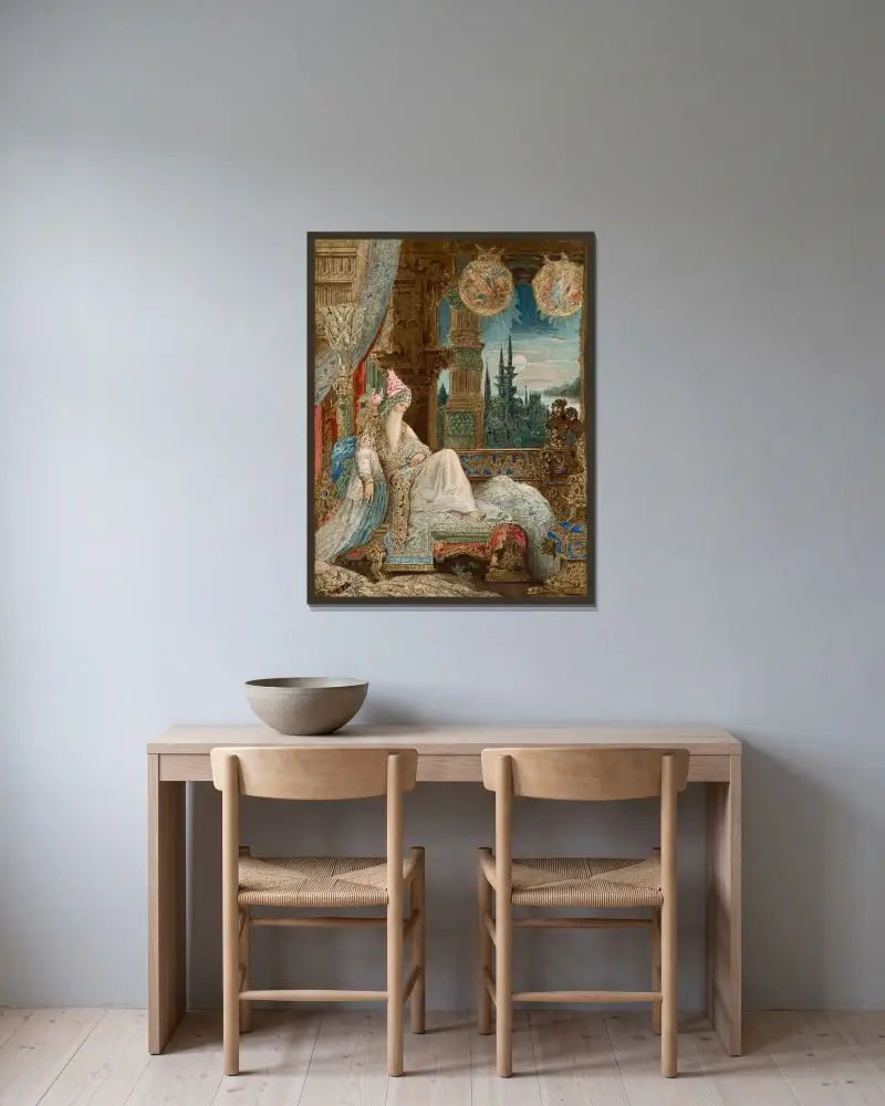 En invånare i Moguls dröm av Gustave Moreau inramad på en vägg