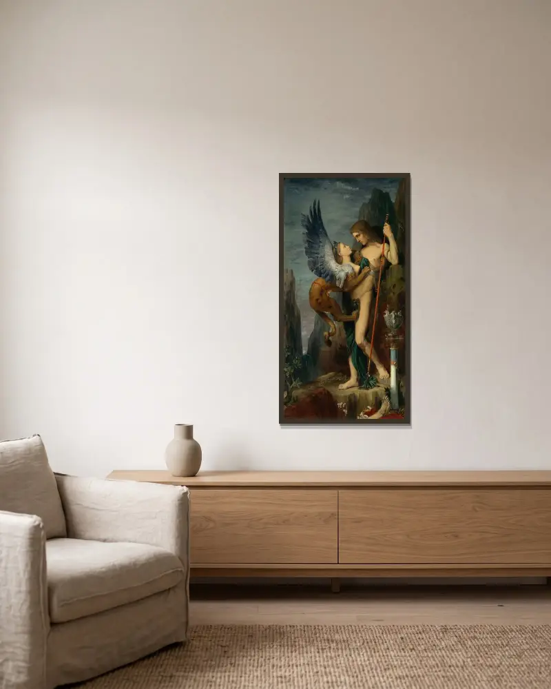 Oidipus och sfinxen av Gustave Moreau inramad på en vägg