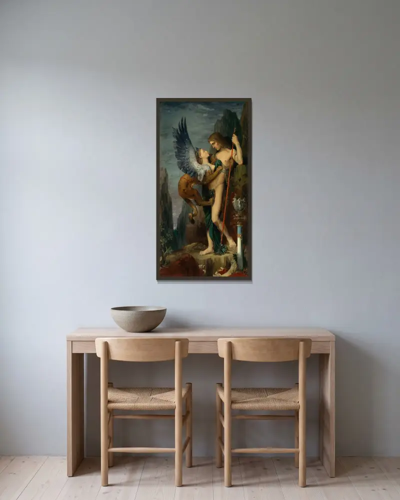 Oidipus och sfinxen av Gustave Moreau inramad på en vägg