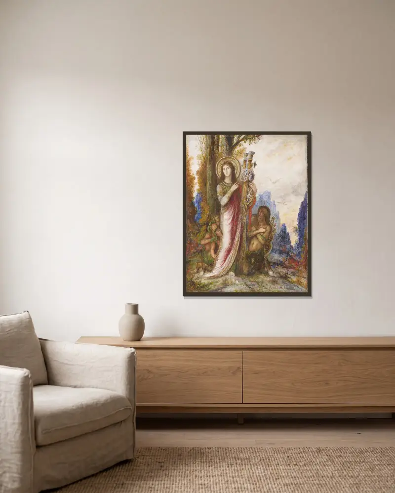 Poet och satyrer av Gustave Moreau inramad på en vägg