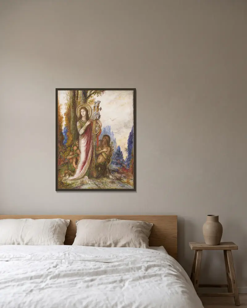 Poet och satyrer av Gustave Moreau inramad på en vägg