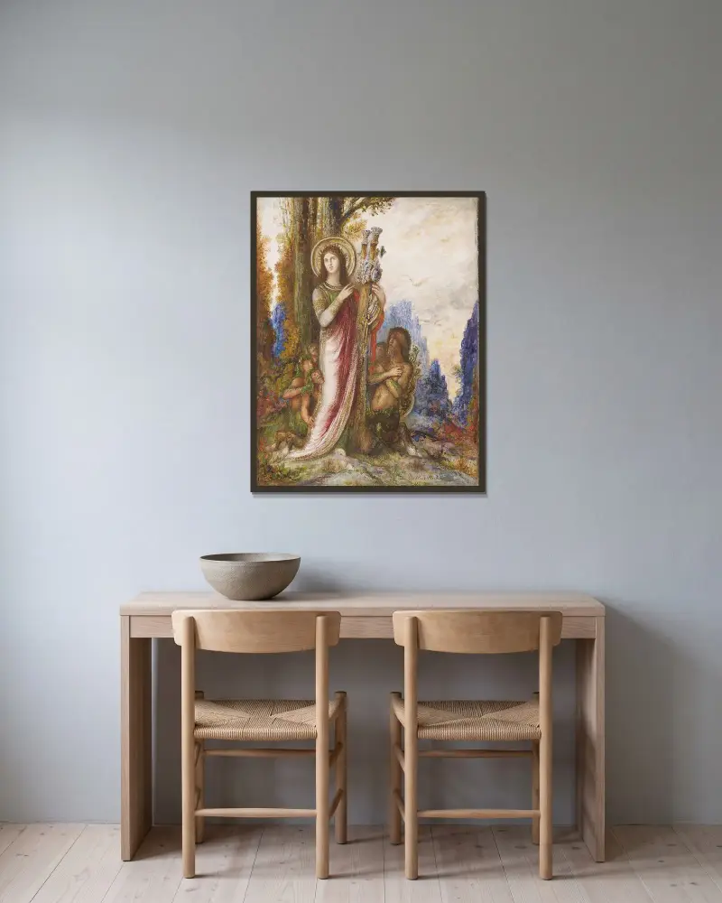 Poet och satyrer av Gustave Moreau inramad på en vägg