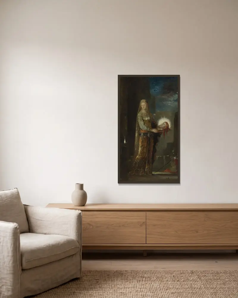 Salome med Johannes Döparens huvud av Gustave Moreau inramad på en vägg