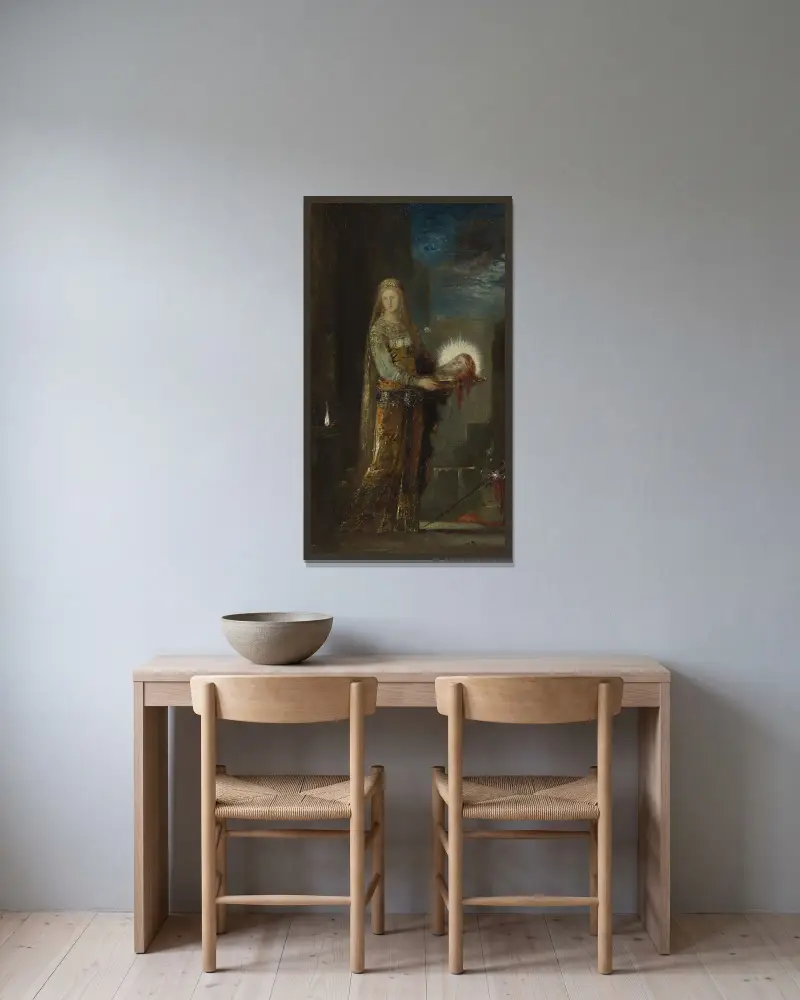 Salome med Johannes Döparens huvud av Gustave Moreau inramad på en vägg