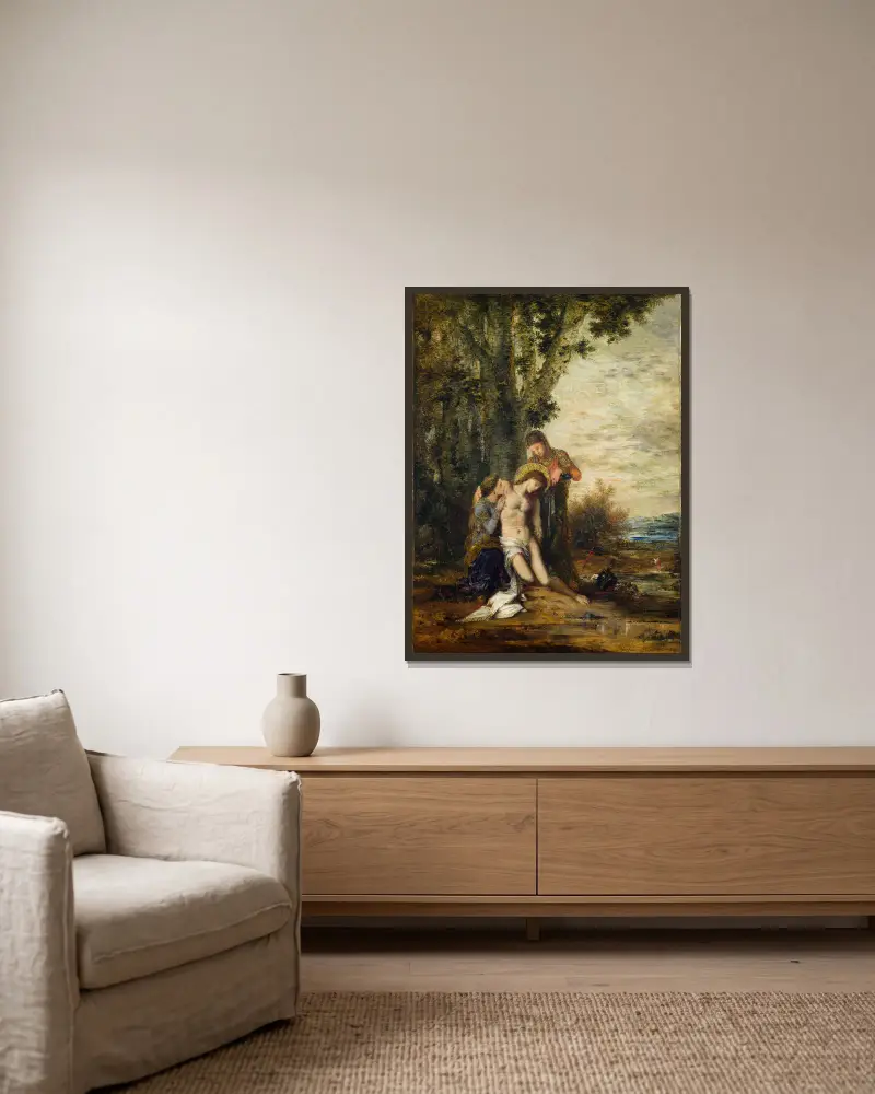 The Martyred Saint Sebastian av Gustave Moreau inramad på en vägg