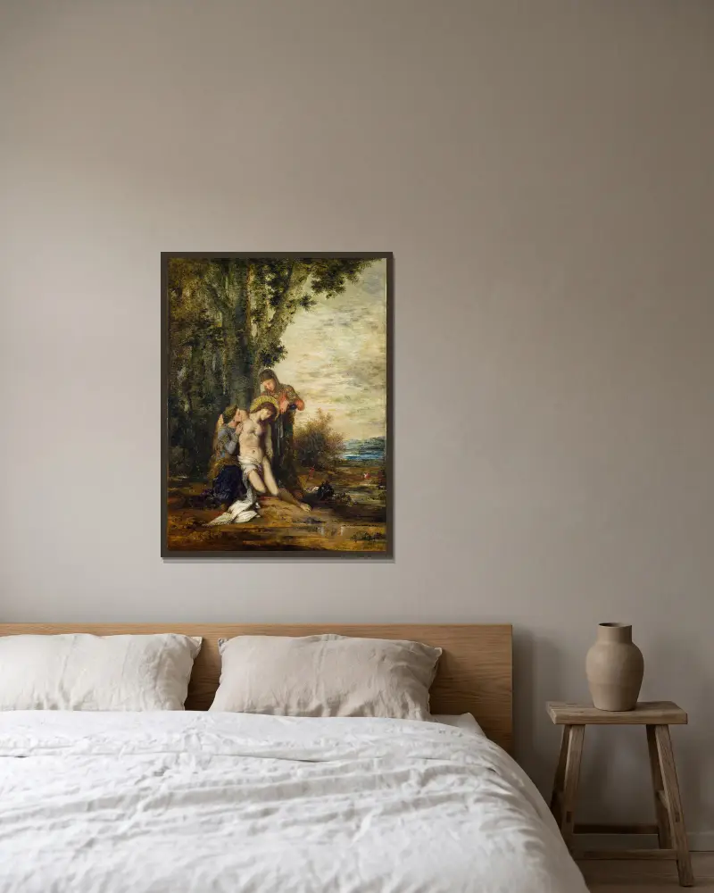 The Martyred Saint Sebastian av Gustave Moreau inramad på en vägg