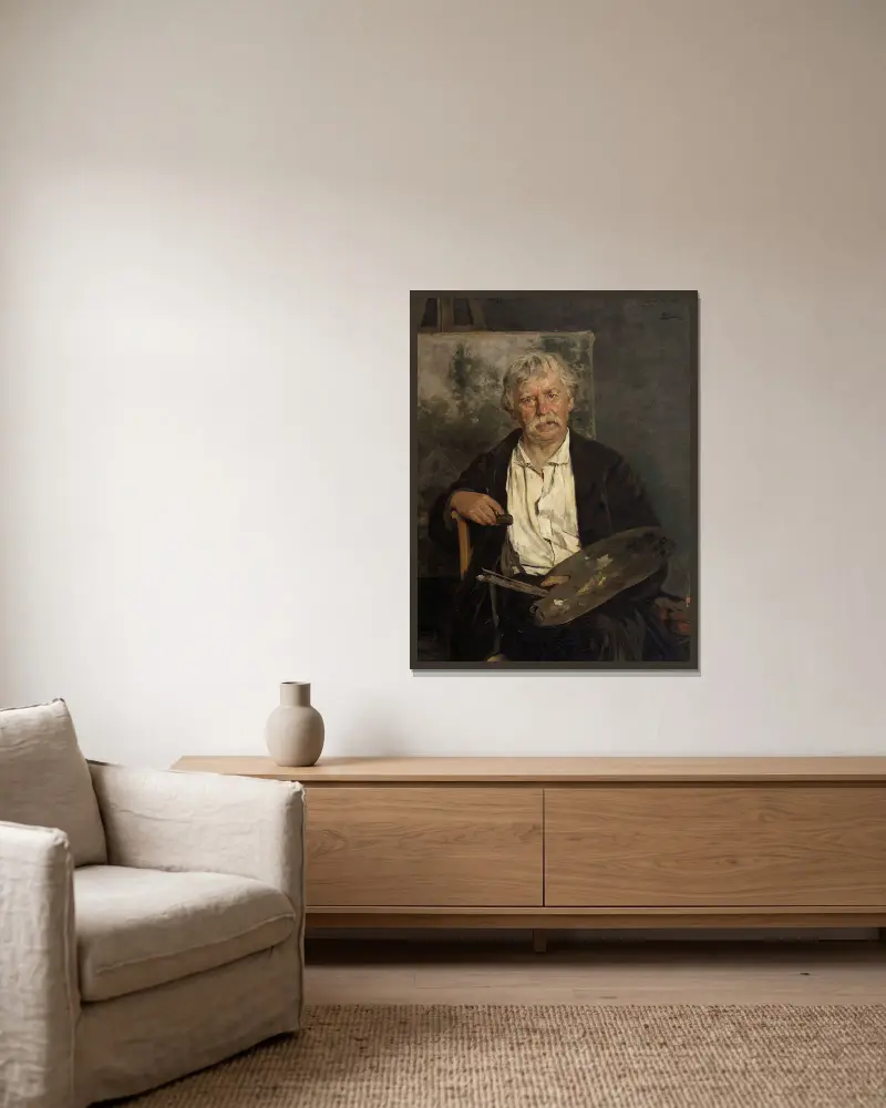 Portrait of the Artist César De Cock av Gustave Vanaise inramad på en vägg