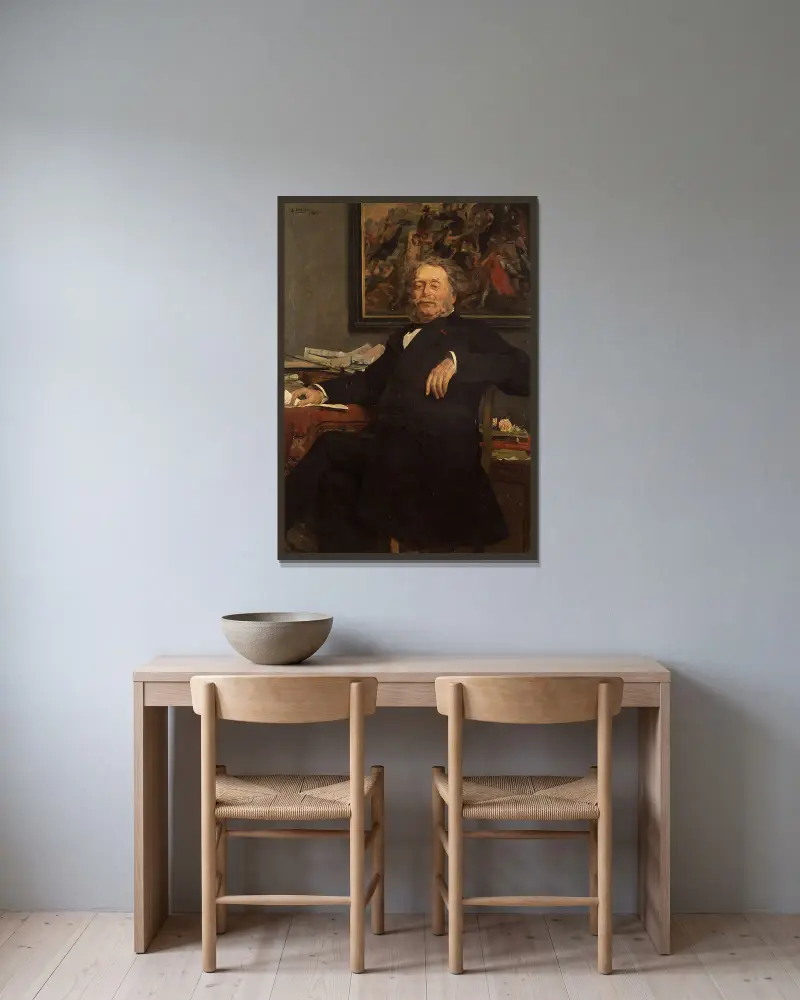 Porträtt av kompositören Charles Miry av Gustave Vanaise inramad på en vägg