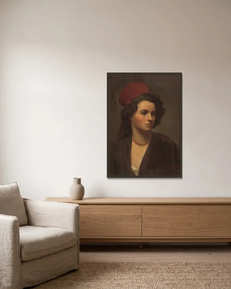 Portrait of a girl in a red scarf av Gyula Benczúr inramad på en vägg