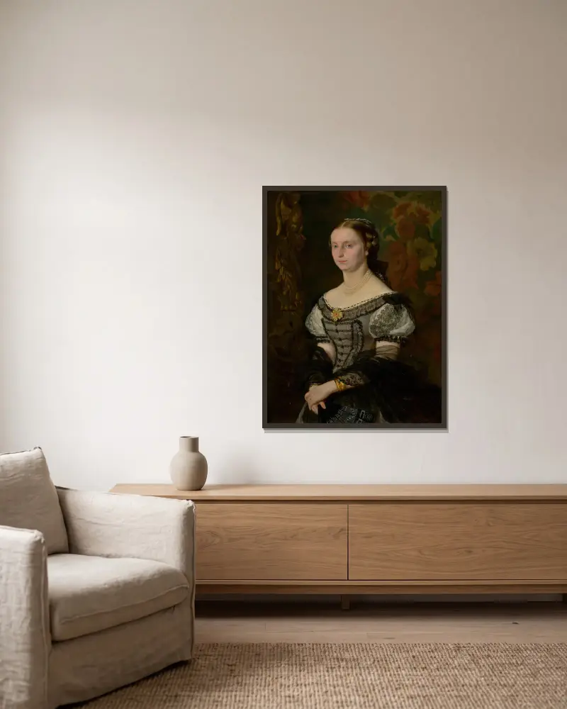 Portrait of Terézia Ujházy (née Prissnitzová) av Gyula Benczúr inramad på en vägg