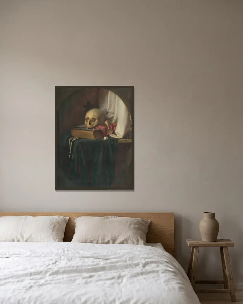 Stillleben mit Schädel und Buch von Gyula Benczúr gerahmt an einer Wand