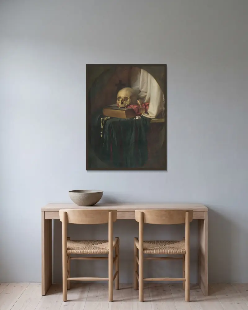 Stillleben mit Schädel und Buch von Gyula Benczúr gerahmt an einer Wand