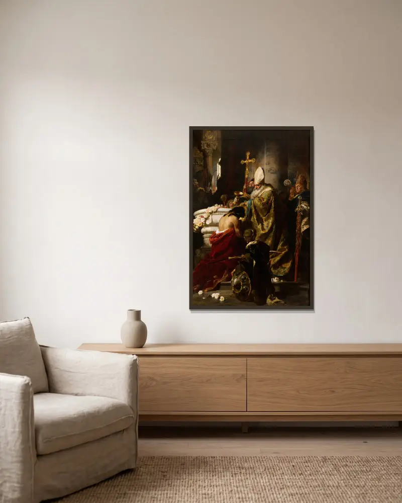 Die Taufe des Vajk von Gyula Benczúr gerahmt an einer Wand