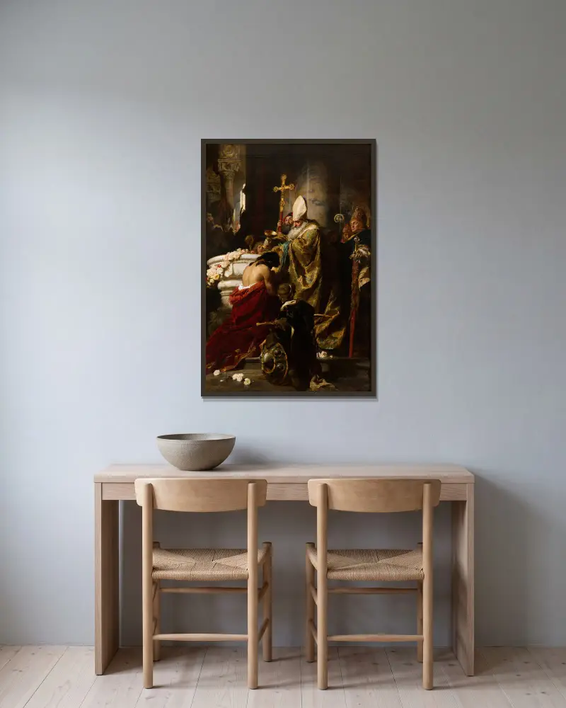 Die Taufe des Vajk von Gyula Benczúr gerahmt an einer Wand