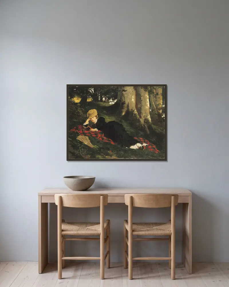 Woman Reading in a Forest av Gyula Benczúr inramad på en vägg