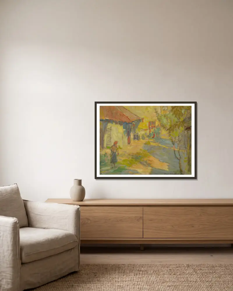Im Hof, 1940 von Elemír Halász-Hradil gerahmt an einer Wand