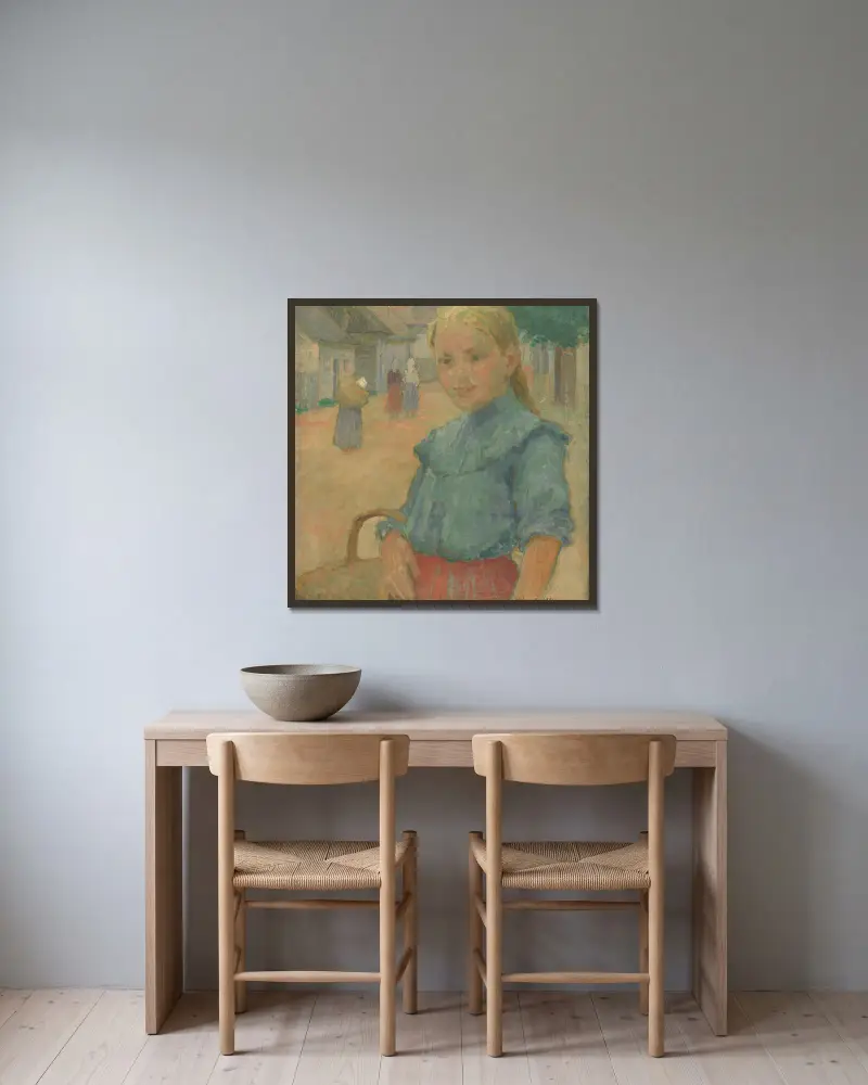 Little girl with a basket av Elemír Halász-Hradil inramad på en vägg