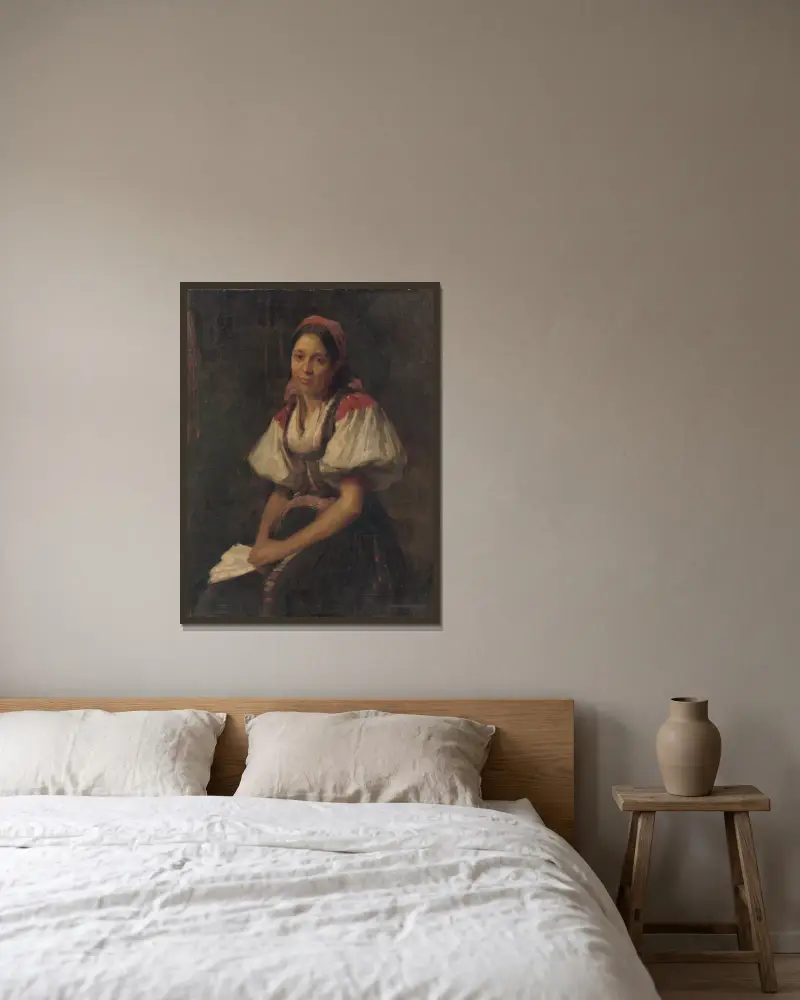 Peasant Woman in Folk Costume av Elemír Halász-Hradil inramad på en vägg