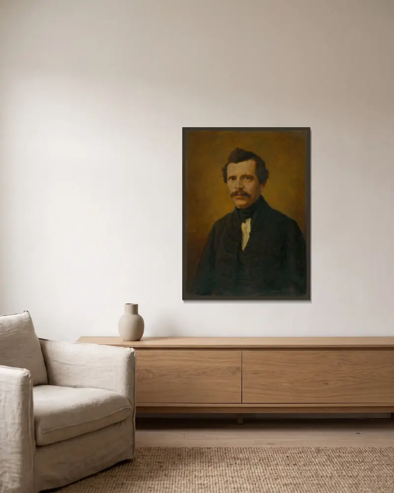 Portrait of Imrich Szabó av Elemír Halász-Hradil inramad på en vägg