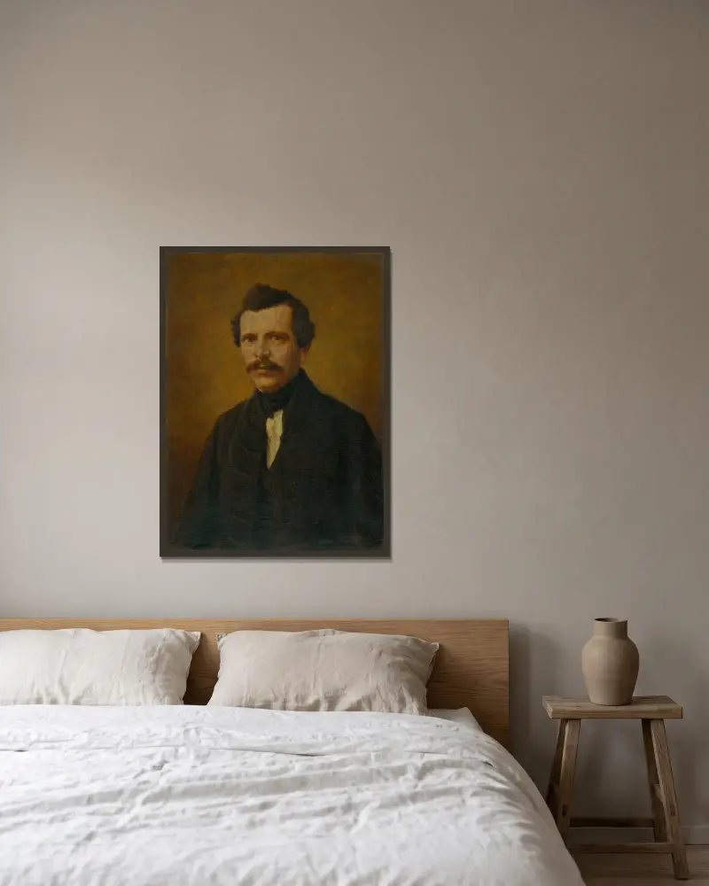 Portrait of Imrich Szabó av Elemír Halász-Hradil inramad på en vägg