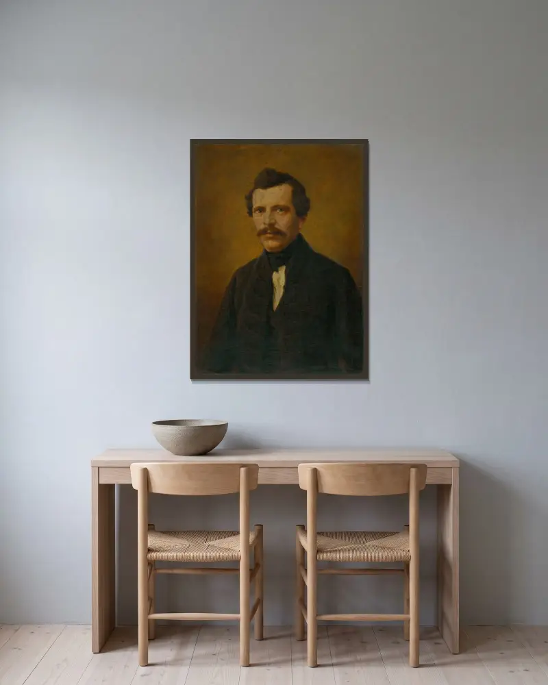 Portrait of Imrich Szabó av Elemír Halász-Hradil inramad på en vägg