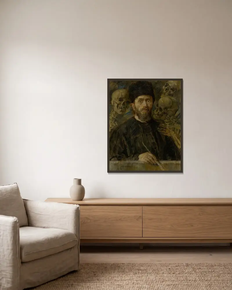 Selbstporträt von Elemír Halász-Hradil gerahmt an einer Wand
