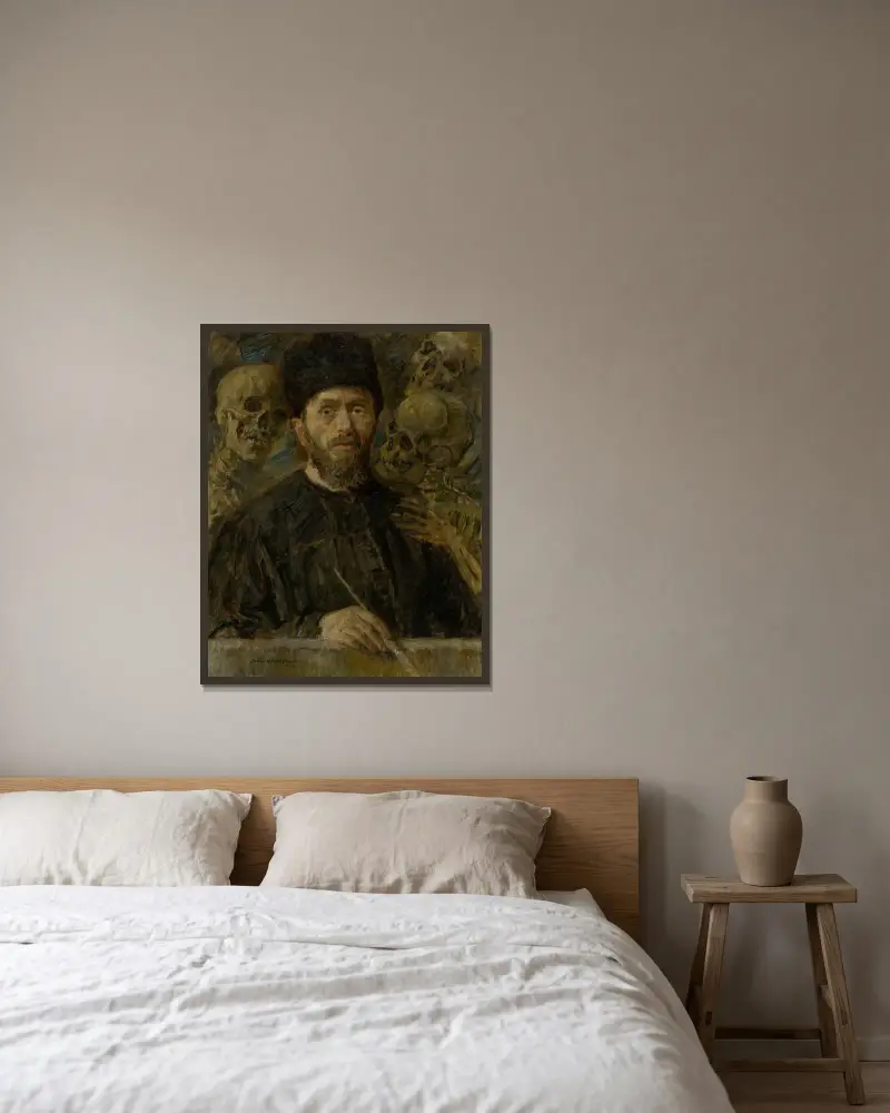 Selbstporträt von Elemír Halász-Hradil gerahmt an einer Wand