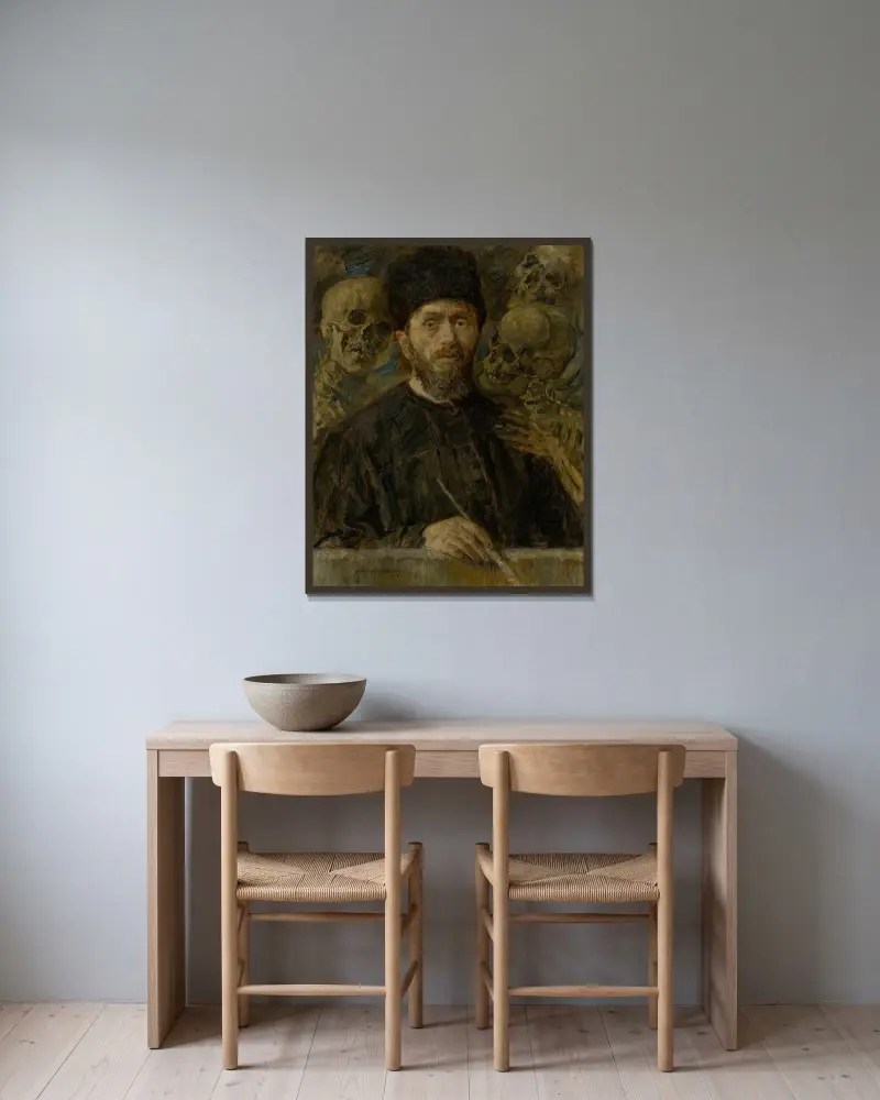 Selbstporträt von Elemír Halász-Hradil gerahmt an einer Wand