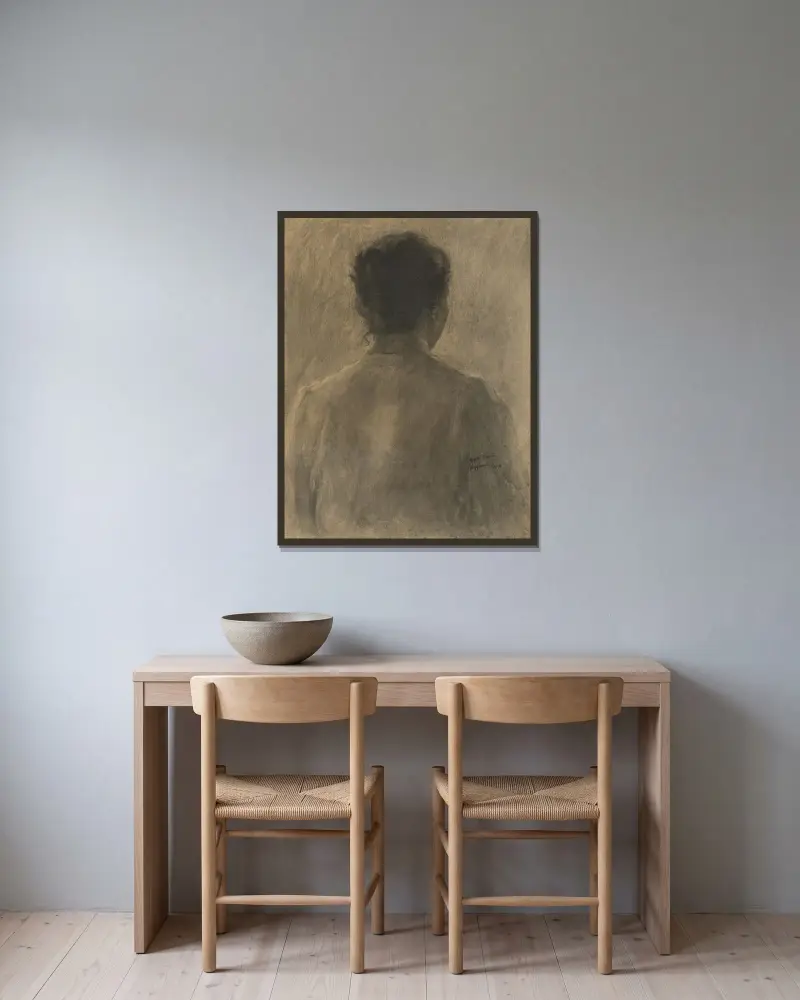 Studie av kvinna bakifrån av Elemír Halász-Hradil inramad på en vägg