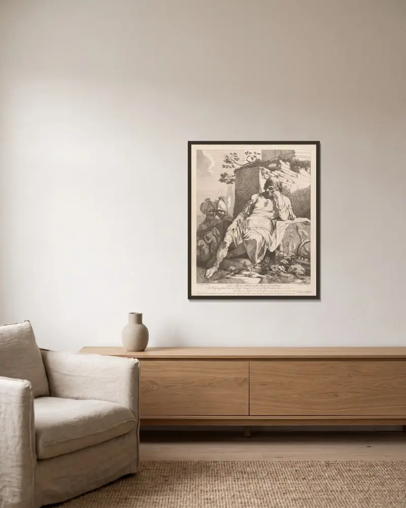 Caius Marius auf den Ruinen von Karthago von John Hamilton Mortimer gerahmt an einer Wand