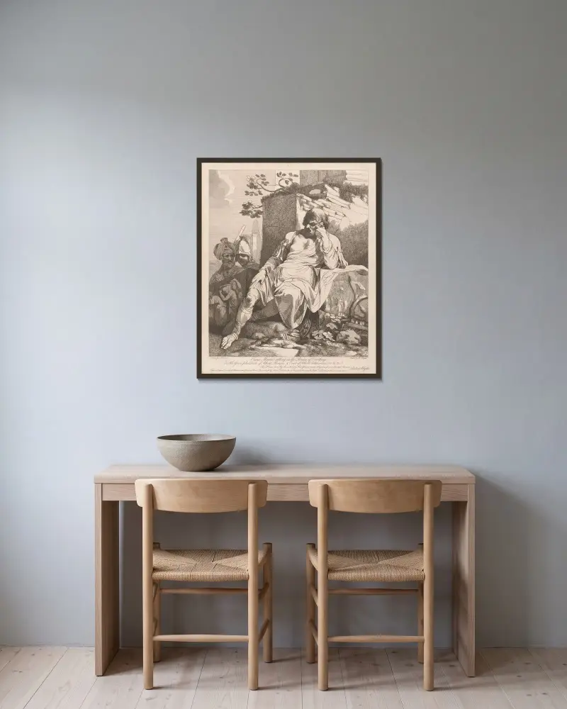 Caius Marius auf den Ruinen von Karthago von John Hamilton Mortimer gerahmt an einer Wand