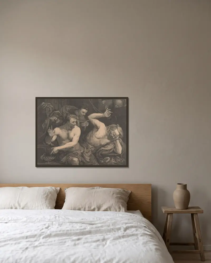 Josef deutet die Träume des Mundschenken und des Bäckers des Pharao von John Hamilton Mortimer gerahmt an einer Wand
