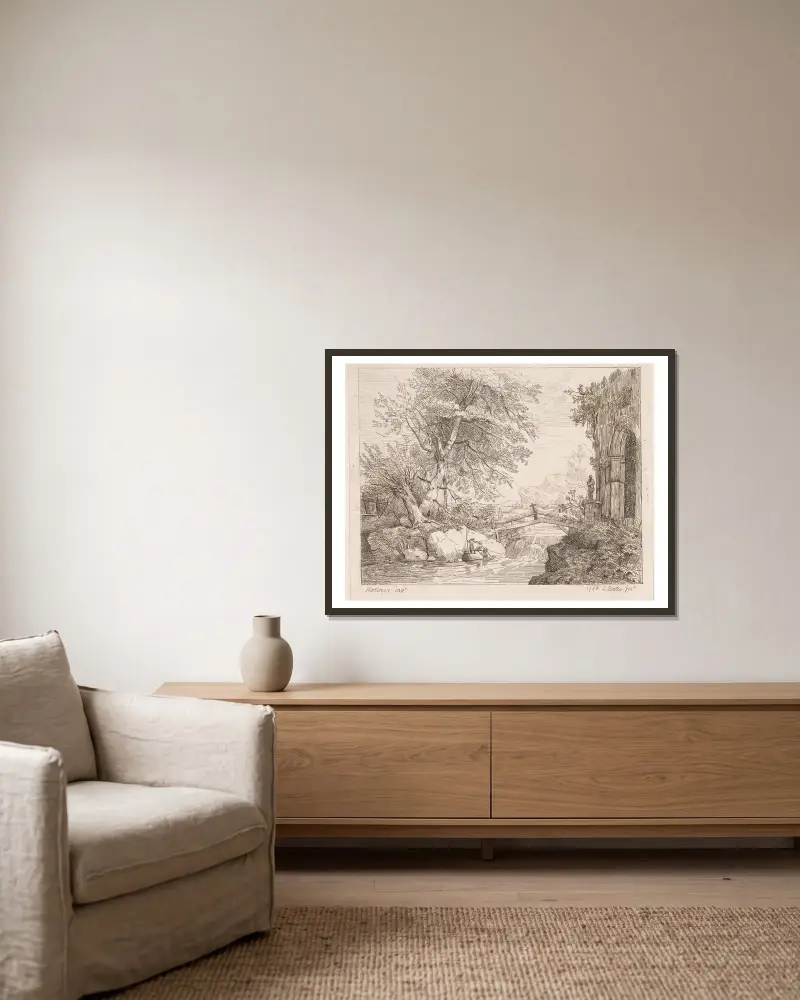 Landschaft mit klassischen Ruinen von John Hamilton Mortimer gerahmt an einer Wand
