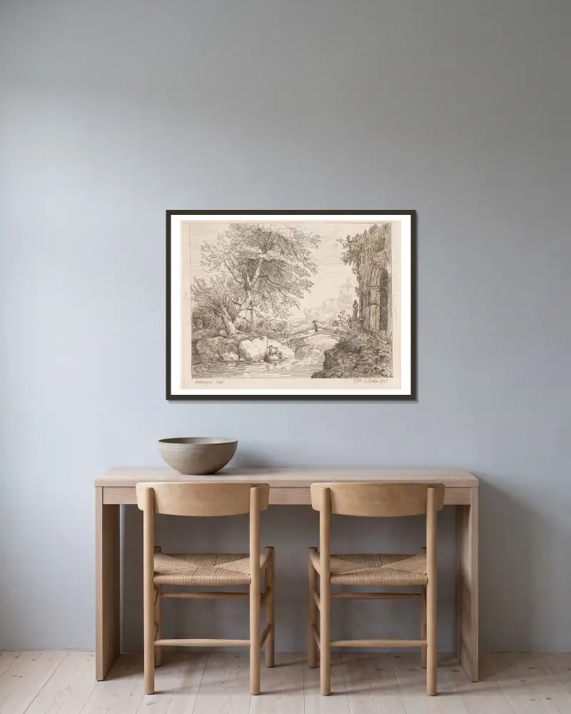 Landschaft mit klassischen Ruinen von John Hamilton Mortimer gerahmt an einer Wand