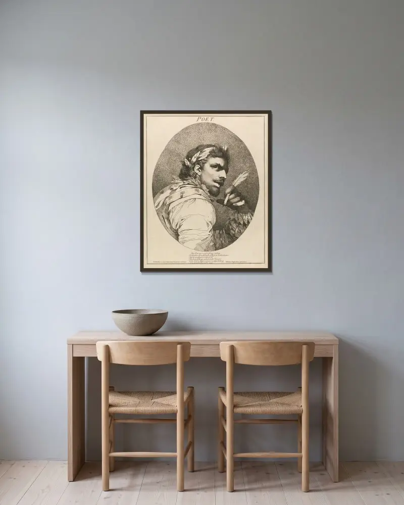 Poeten, ur En midsommarnattsdröm, akt V, scen i av John Hamilton Mortimer inramad på en vägg