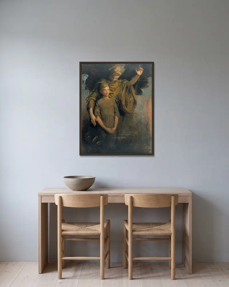 Pojke och ängel av Abbott Handerson Thayer inramad på en vägg
