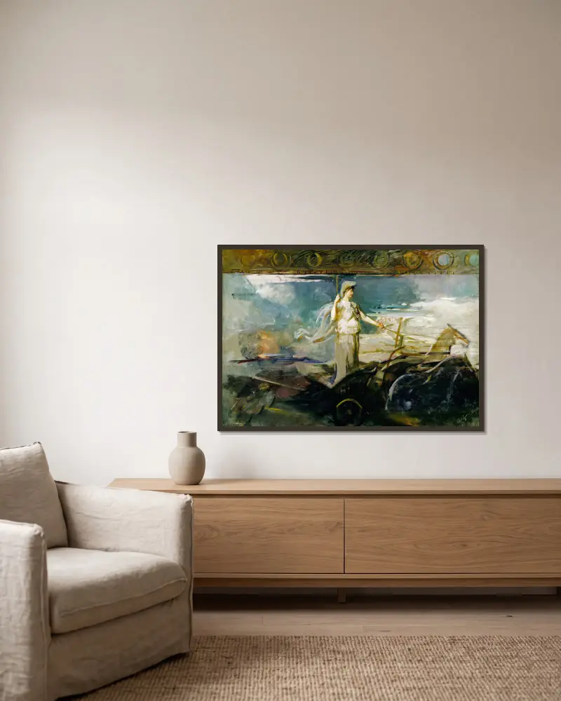 Minerva in a Chariot av Abbott Handerson Thayer inramad på en vägg