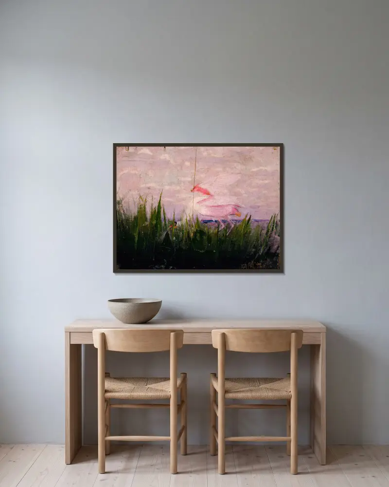 Roseate Spoonbill, study for book Concealing Coloration in the Animal Kingdom av Abbott Handerson Thayer inramad på en vägg