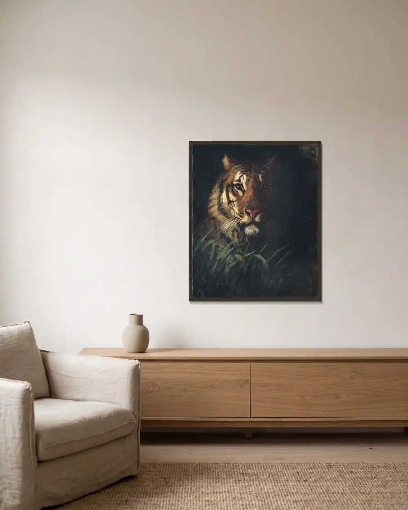 Tigerhuvud av Abbott Handerson Thayer inramad på en vägg