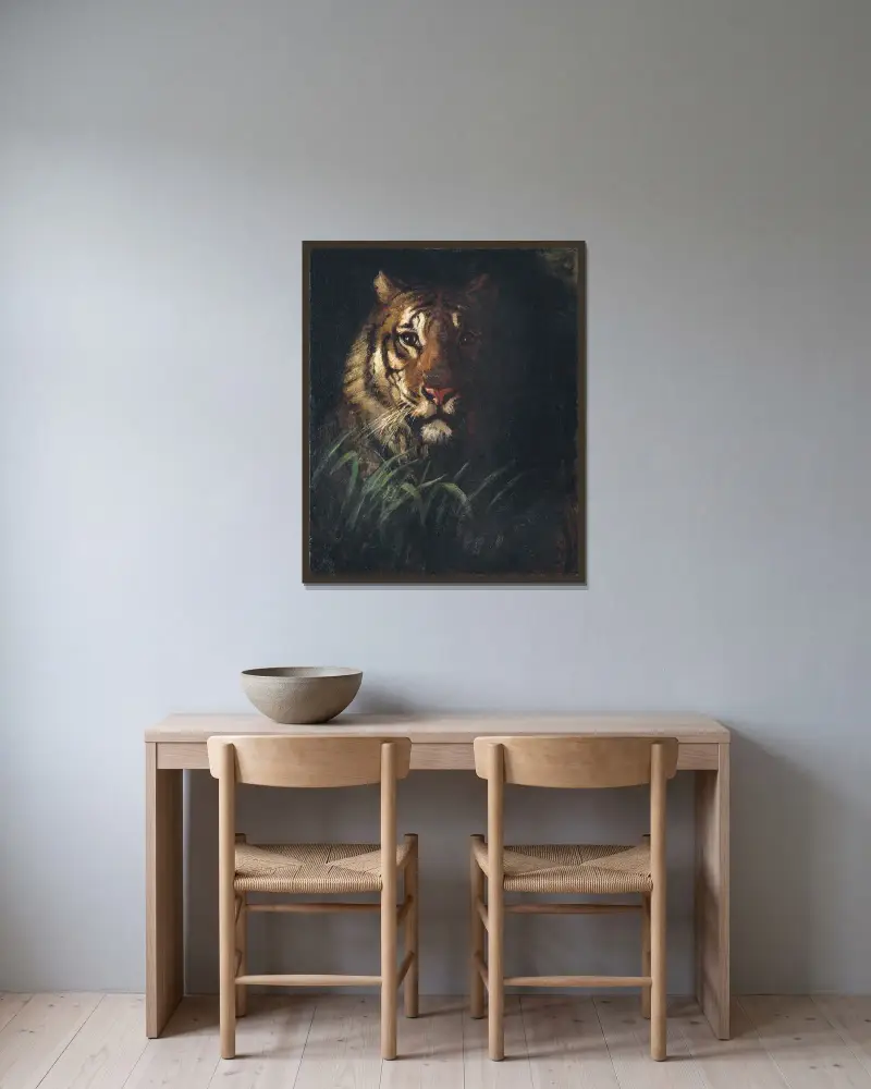 Tigerhuvud av Abbott Handerson Thayer inramad på en vägg