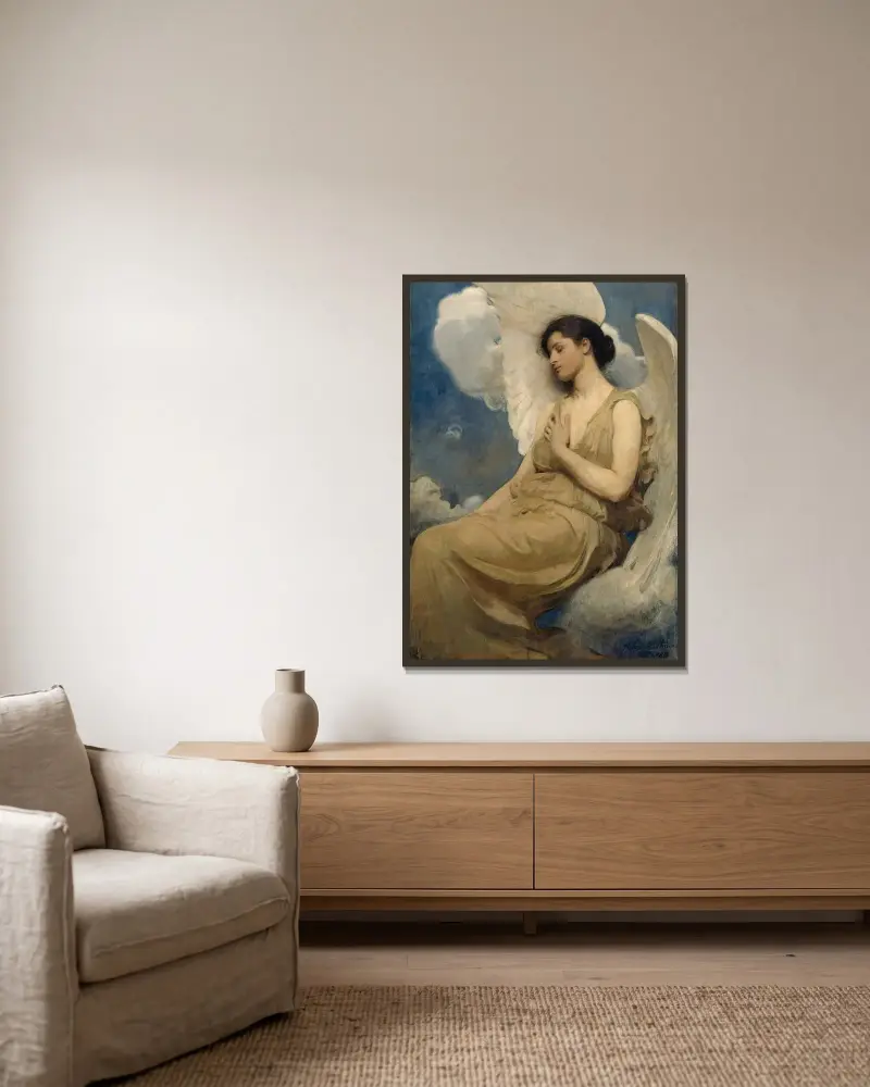 Bevingad figur av Abbott Handerson Thayer inramad på en vägg