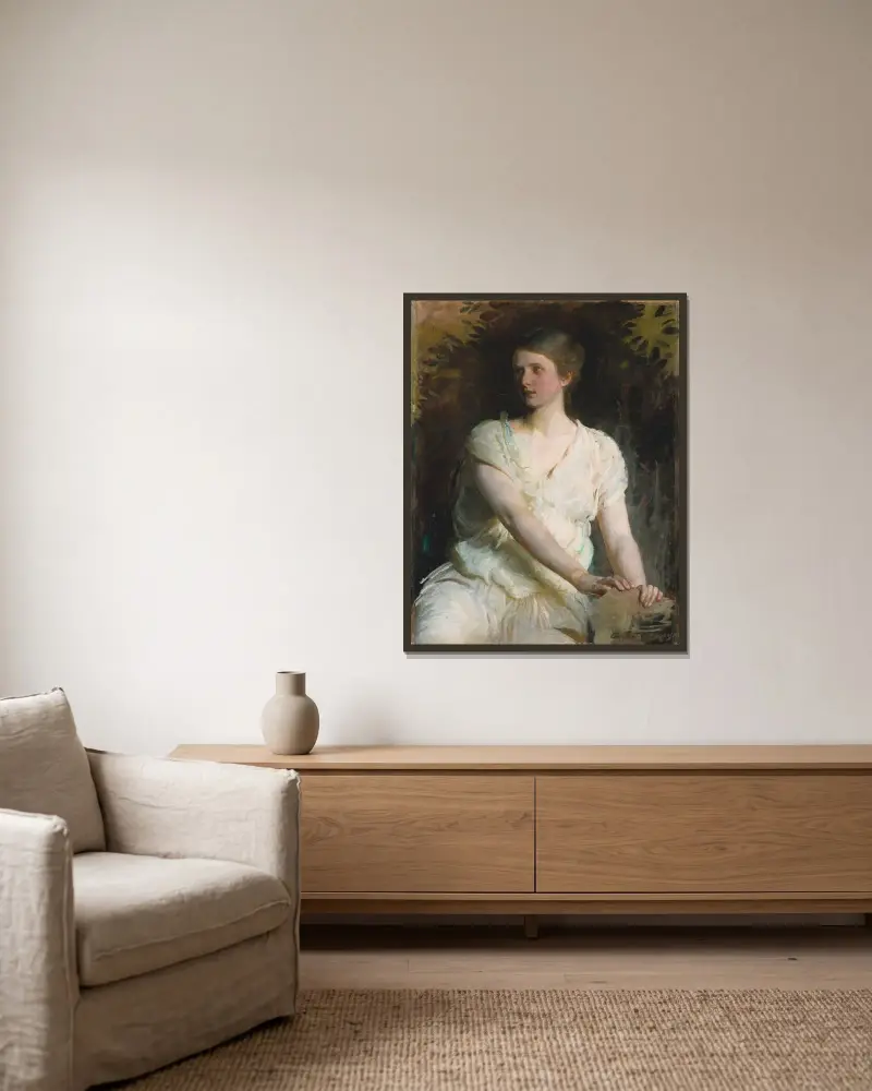 Ung kvinna av Abbott Handerson Thayer inramad på en vägg