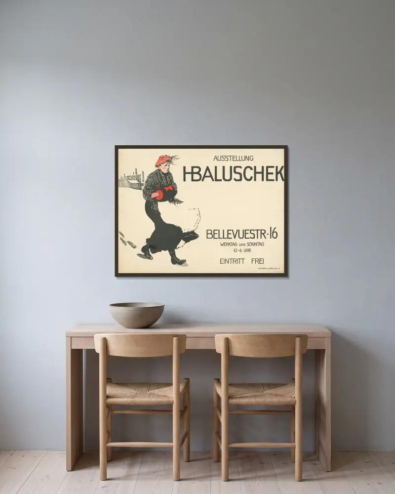 Ausstellung Hans Baluschek. Bellevuestraße 16 Berlin av Hans Baluschek inramad på en vägg