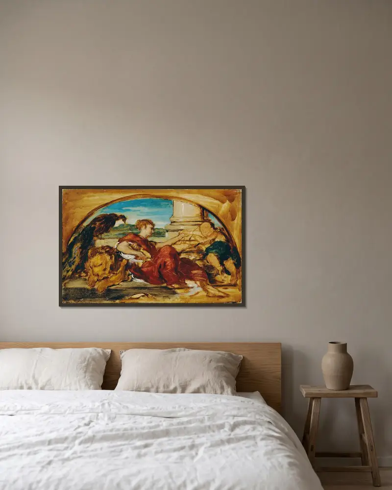Allegorisk figur med lejon och påfågel av Hans Canon inramad på en vägg