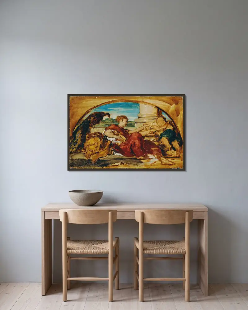 Allegorisk figur med lejon och påfågel av Hans Canon inramad på en vägg