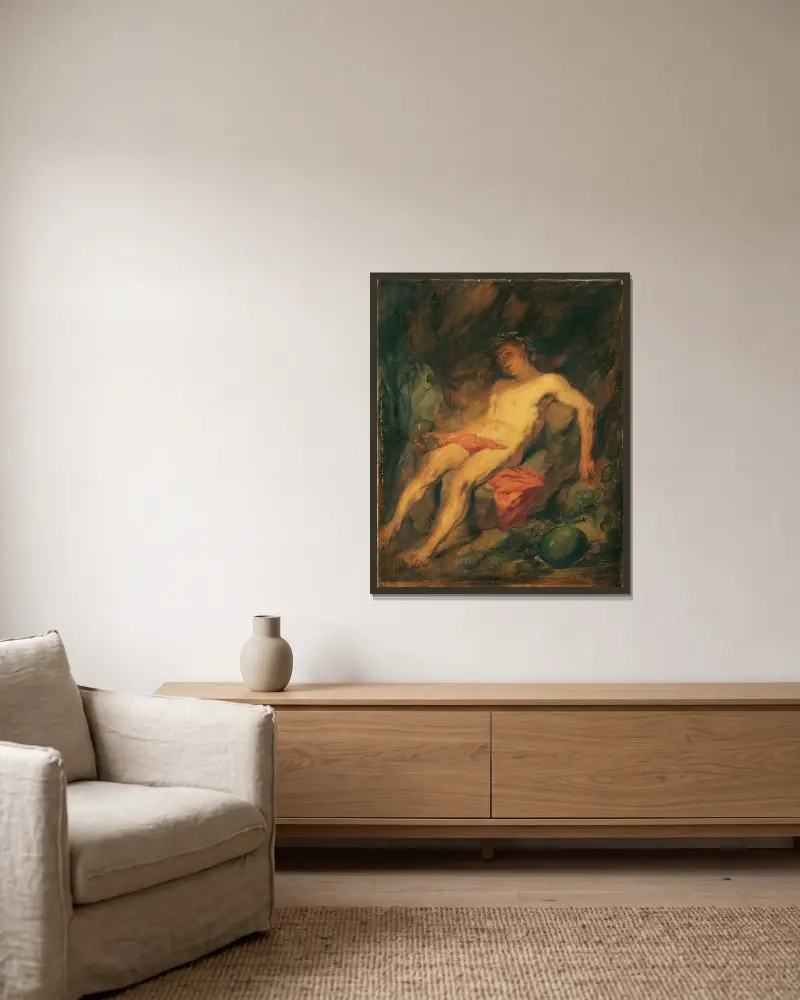 Berusad Bacchus av Hans Canon inramad på en vägg