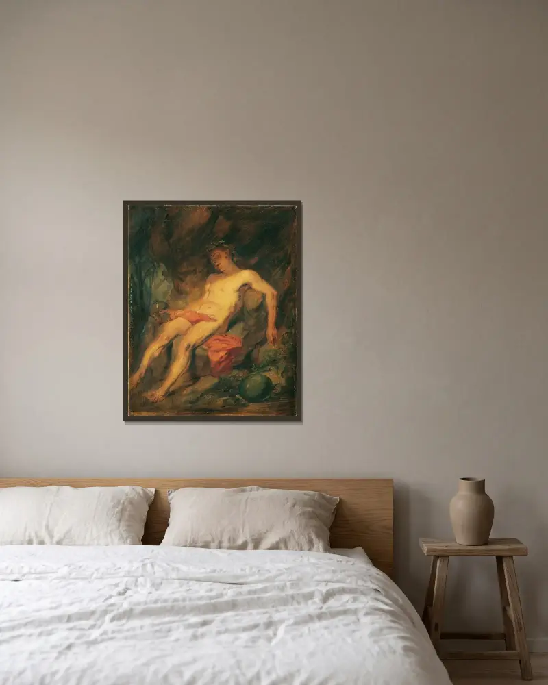 Berusad Bacchus av Hans Canon inramad på en vägg