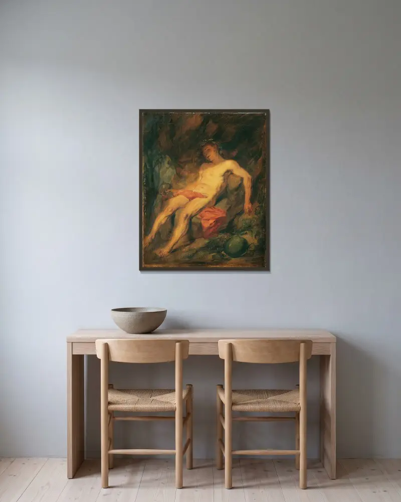 Berusad Bacchus av Hans Canon inramad på en vägg