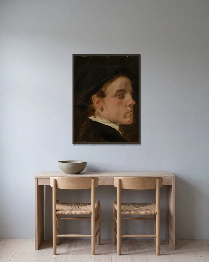 Portrait study of the painter Wilhelm Trübner av Hans Canon inramad på en vägg