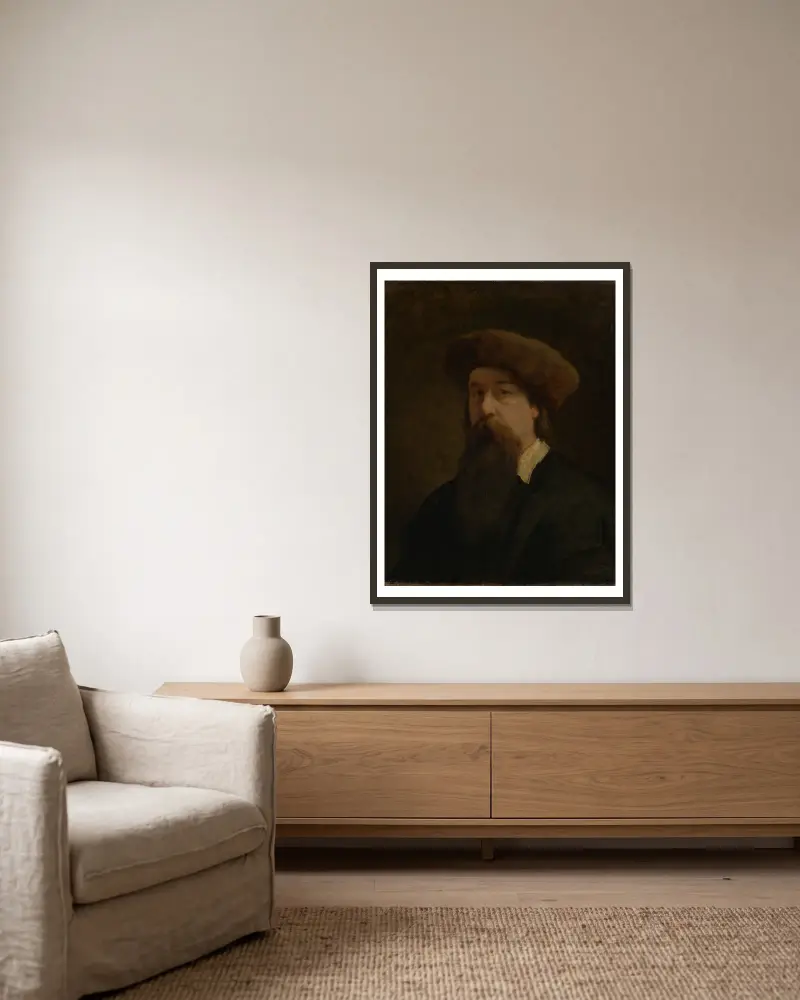 Selbstporträt von Hans Canon gerahmt an einer Wand